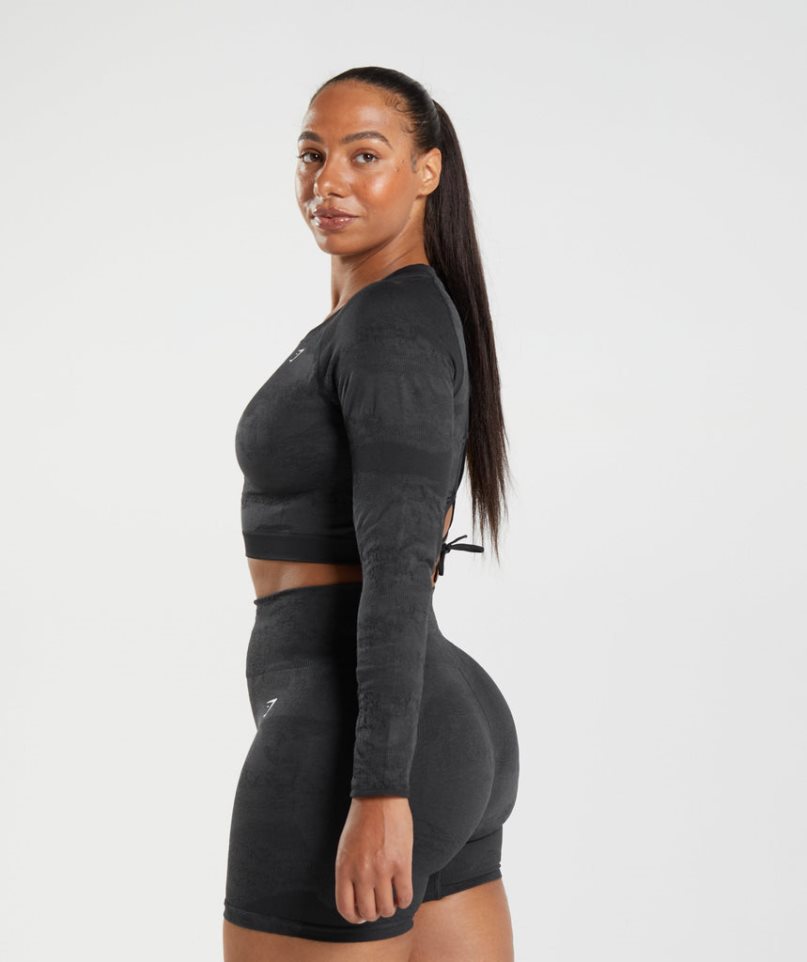 Women's Gymshark Adapt Camo Seamless Lace Up Back Top T-Shirts Black | CA N81063